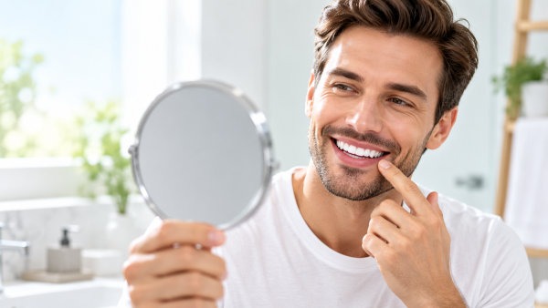 man-checking-his-smile-in-mirror-portrait